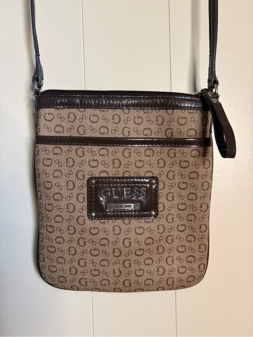 GUESS Brown Logo Print Crossbody Bag with Dark Brown Trim